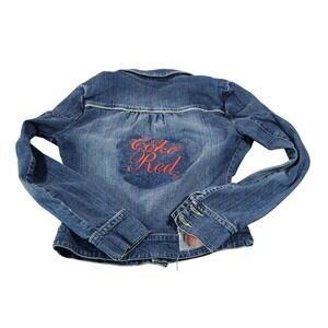 Ecko Red Jacke Kids Small Blue Denim Jean Moto Style Back Graphic Logo Fitted